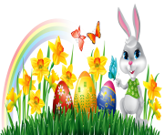 Easter Bunny with Daffodils Eggs and Grass Decor PNG Clipart Picture