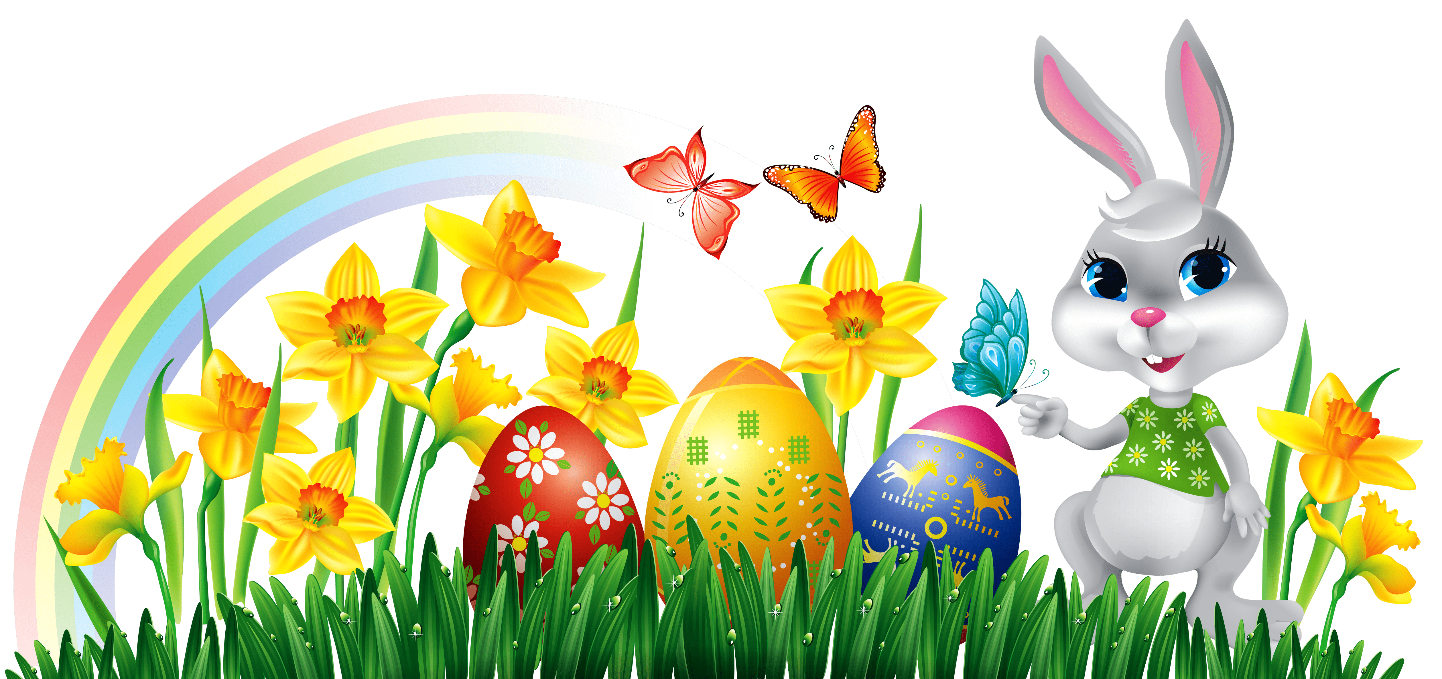 Easter Bunny With Daffodils Eggs And Grass Decor PNG Clipart Picture