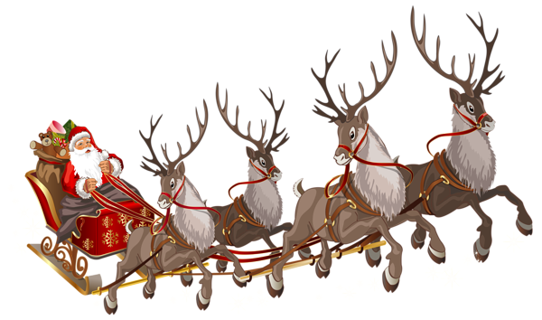 santa claus flying with four reindeer