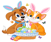 Cute Puppy and Kitten with Easter Bunny Ears and Basket