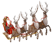 santa claus flying with four reindeer